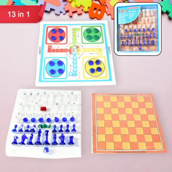 13 IN 1 FAMILY BOARD GAME CHESS, SNAKES & LADDERS, LUDO, TIC-TAC-TOE, CHECKERS, TRAVEL BINGO, FOOTBALL, SPACE VENTURE, STEEPLECHASE SET FOR KIDS - Image 2