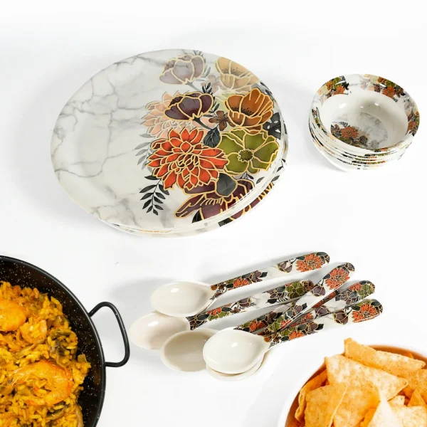 Dream High Quality Plastic Dinning Dinner Set With Unique Flower Design Printed, 6 Pc Plates, 6 Pc Bowls And 6 Pc Serving Spoon, Lightweight Round Plates And Bowls, Microwave, And Dishwasher Safe (18 Pcs Set)-231