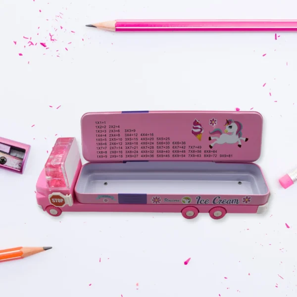 Double Decker Magic Truck Compass Multi Level Metal Truck Compass Pencil Case With Movable Wheels & Sharpener (Mix Design)-4568 - Image 2