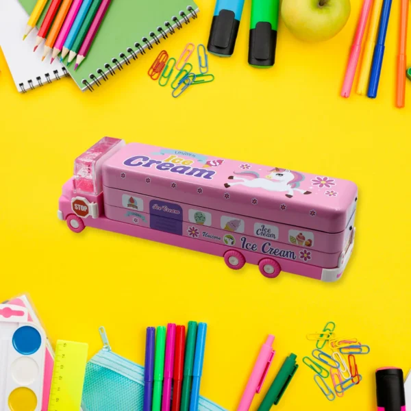 Double Decker Magic Truck Compass Multi Level Metal Truck Compass Pencil Case With Movable Wheels & Sharpener (Mix Design)-4568