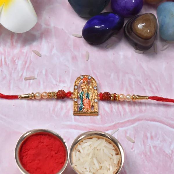 Shree Ram With Rudraksha Beads With Effete Butterscotch Chocolate 96Gm ,Silver Color Pooja Coin, Roli Chawal & Greeting Card-32007
