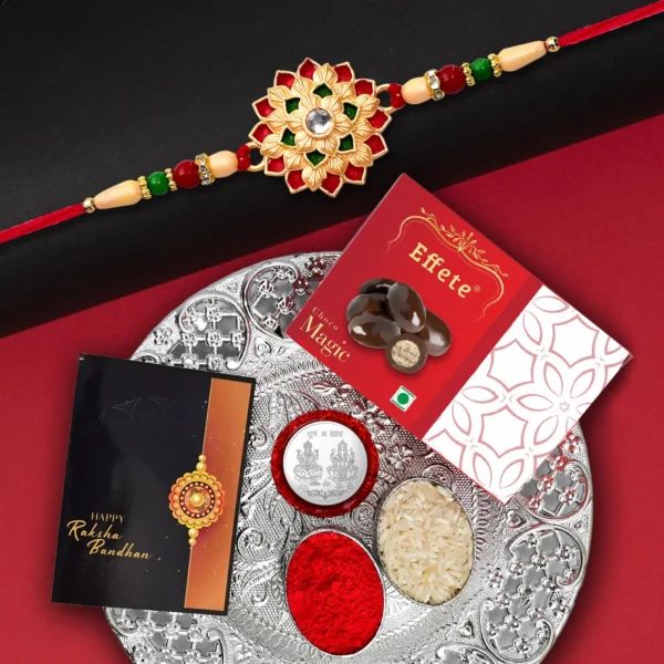 Rakhi For Brother, Bhaiya, Bhabhi, Chocolate Magic 32gm & Pooja Thali, Rakhi With Card And Chocolate, Chocolate Gift Pack, Bracelet For Men-32001 - Image 2