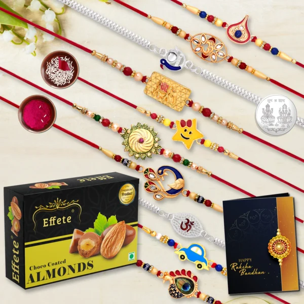10 Rakhi Set With Golden Color Traditional And Silver Color Rakhi With Effete Butterscotch Chocolate 96Gm ,Silver Color Pooja Coin, Roli Chawal & Greeting Card-32119