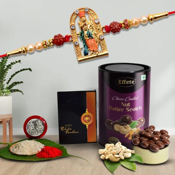 Shree Ram With Rudraksha Beads With Effete Butterscotch Chocolate 96Gm ,Silver Color Pooja Coin, Roli Chawal & Greeting Card-32007 - Image 2