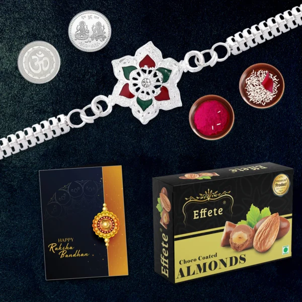 Flower Shape With Red & Green Mina Bracelet With Effete Choco Almond Chocolate 32Gm ,Silver Color Pooja Coin, Roli Chawal & Greeting Card-32045