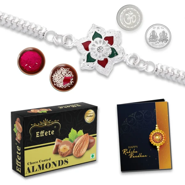 Flower Shape With Red & Green Mina Bracelet With Effete Choco Almond Chocolate 32Gm ,Silver Color Pooja Coin, Roli Chawal & Greeting Card-32045 - Image 2