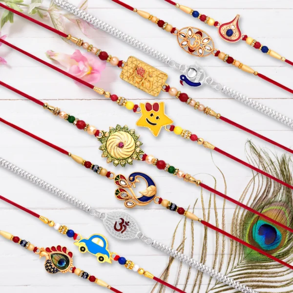 10 Rakhi Set With Golden Color Traditional And Silver Color Rakhi With Effete Butterscotch Chocolate 96Gm ,Silver Color Pooja Coin, Roli Chawal & Greeting Card-32119 - Image 2